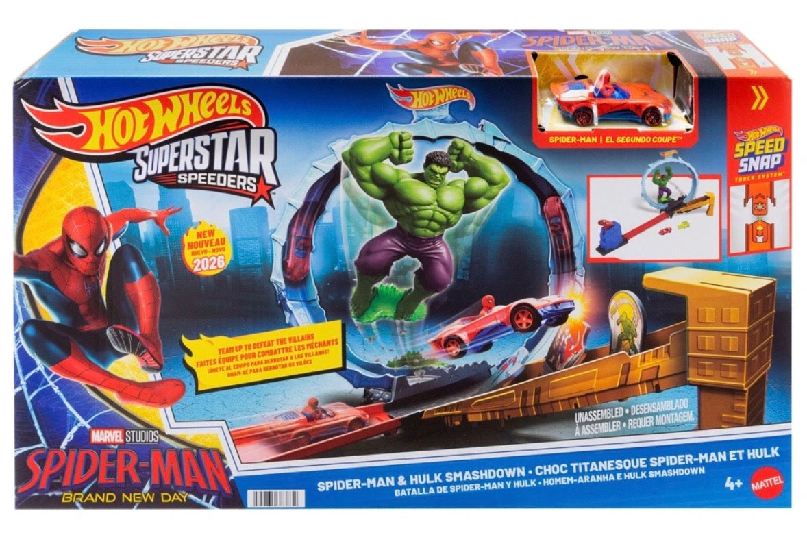 Hot Wheels Superstar Speeders Spiderman & Hulk Smashdown Track Set