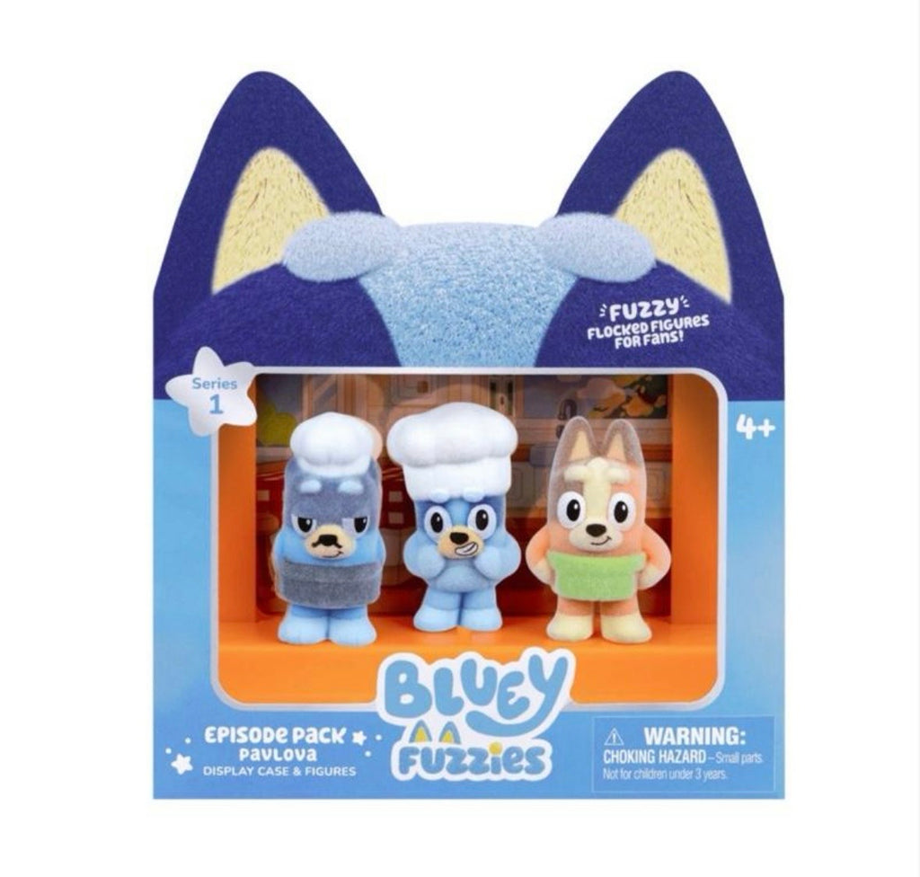 Bluey Fuzzies Episode Pack. Contains 3 characters with a soft flocked finish
