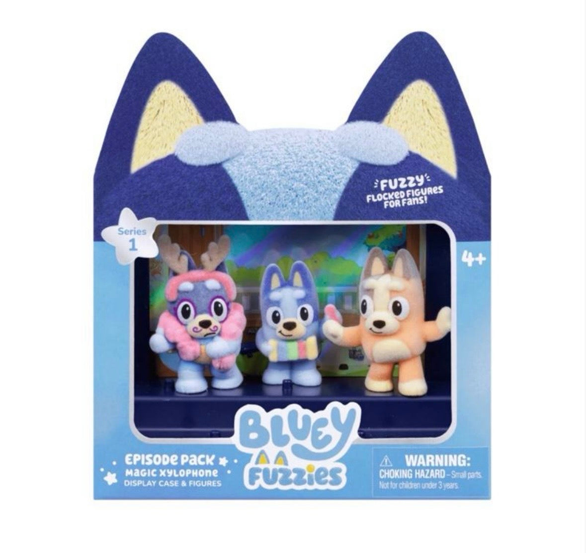 Bluey Fuzzies Episode Pack. Contains 3 characters with a soft flocked finish