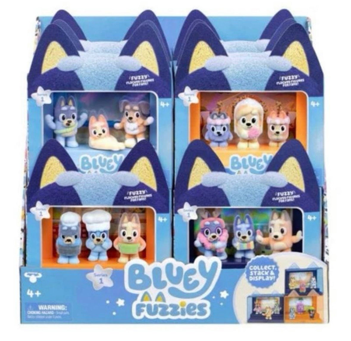 Bluey Fuzzies Episode Pack. Contains 3 characters with a soft flocked finish