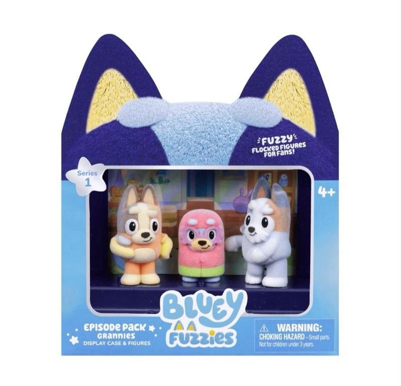 Bluey Fuzzies Episode Pack. Contains 3 characters with a soft flocked finish