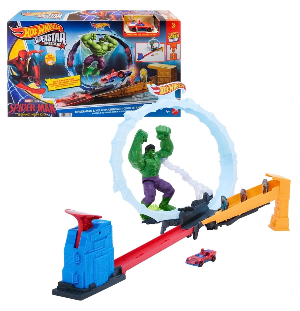 Hot Wheels Superstar Speeders Spiderman & Hulk Smashdown Track Set